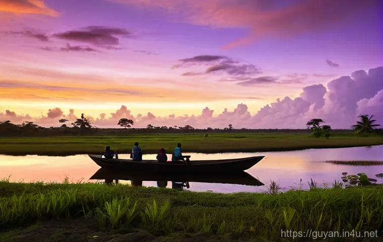가이아나 로컬 가이드 이용 - An adventurous group of diverse tourists, led by an experienced Guyanese local guide, navigating thr... 가이아나 로컬 가이드 이용 - An adventurous group of diverse tourists, led by an experienced Guyanese local guide, navigating thr...