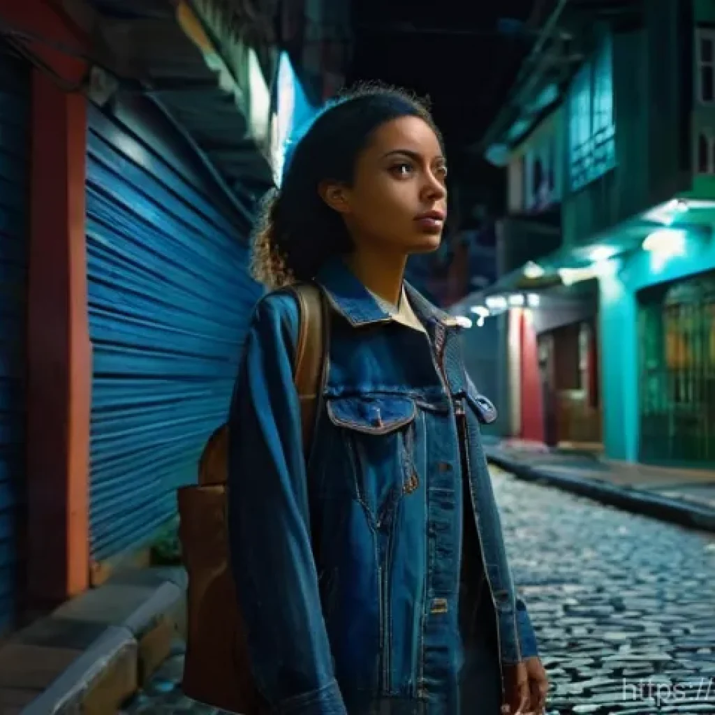 가이아나에서 피해야 할 장소 - **Vigilant Traveler in a Lively Night Alley**
    A female traveler in her late 20s, dressed in prac...