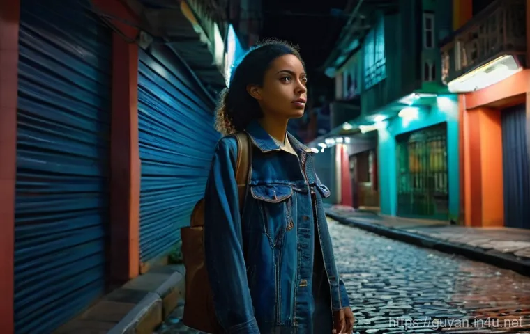 가이아나에서 피해야 할 장소 - **Vigilant Traveler in a Lively Night Alley**
A female traveler in her late 20s, dressed in prac...