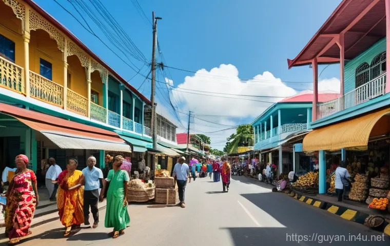 가이아나 슬랭과 문화적 특징 - A bustling and colorful street scene in Georgetown, Guyana, celebrating its multi-ethnic heritage. P...