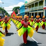 가이아나 마슈라마니 축제 - **A Grand Mashramani Parade Scene**
A vibrant, wide-angle shot of the Mashramani Grand Costume a...