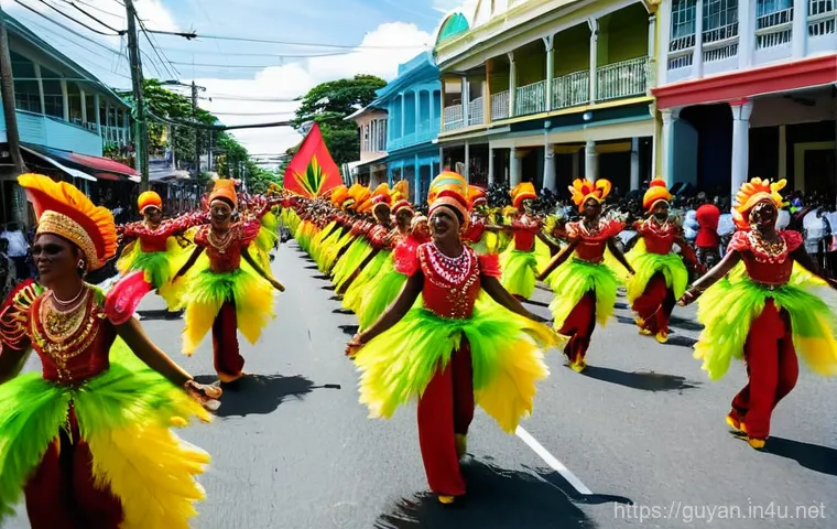 가이아나 마슈라마니 축제 - **A Grand Mashramani Parade Scene**
A vibrant, wide-angle shot of the Mashramani Grand Costume a...