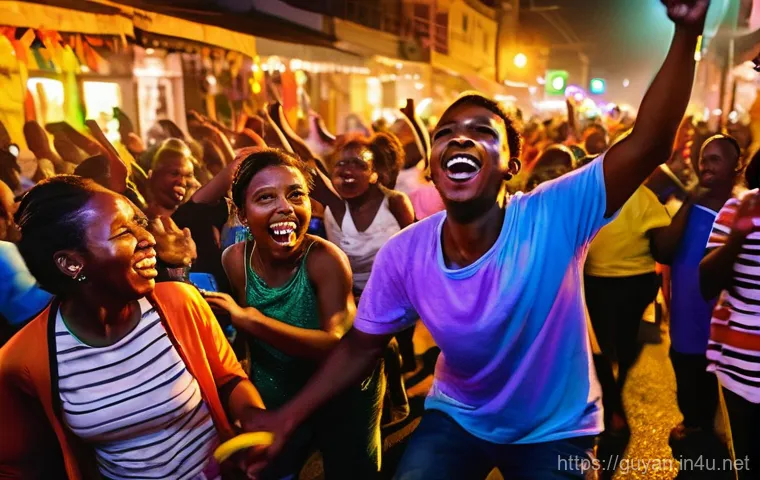 가이아나 마슈라마니 축제 - **A Grand Mashramani Parade Scene**
    A vibrant, wide-angle shot of the Mashramani Grand Costume a...