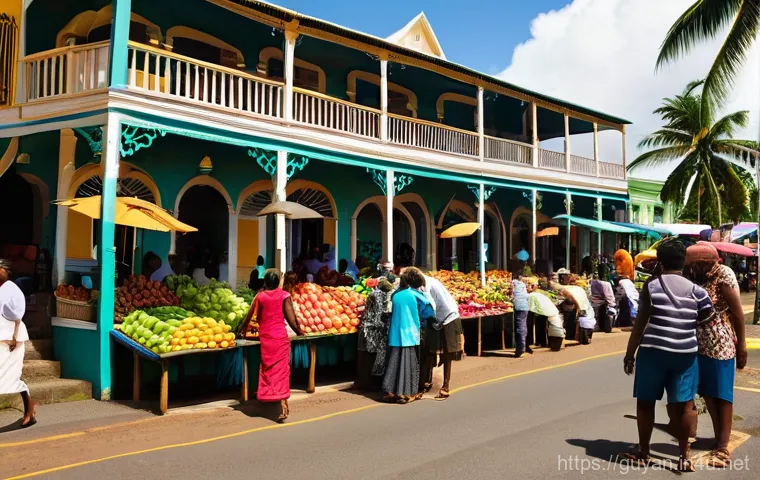 가이아나의 영어 공용어 사용 - **Prompt 1: Georgetown, a blend of history and diversity.**
A bustling street scene in Georgetow...