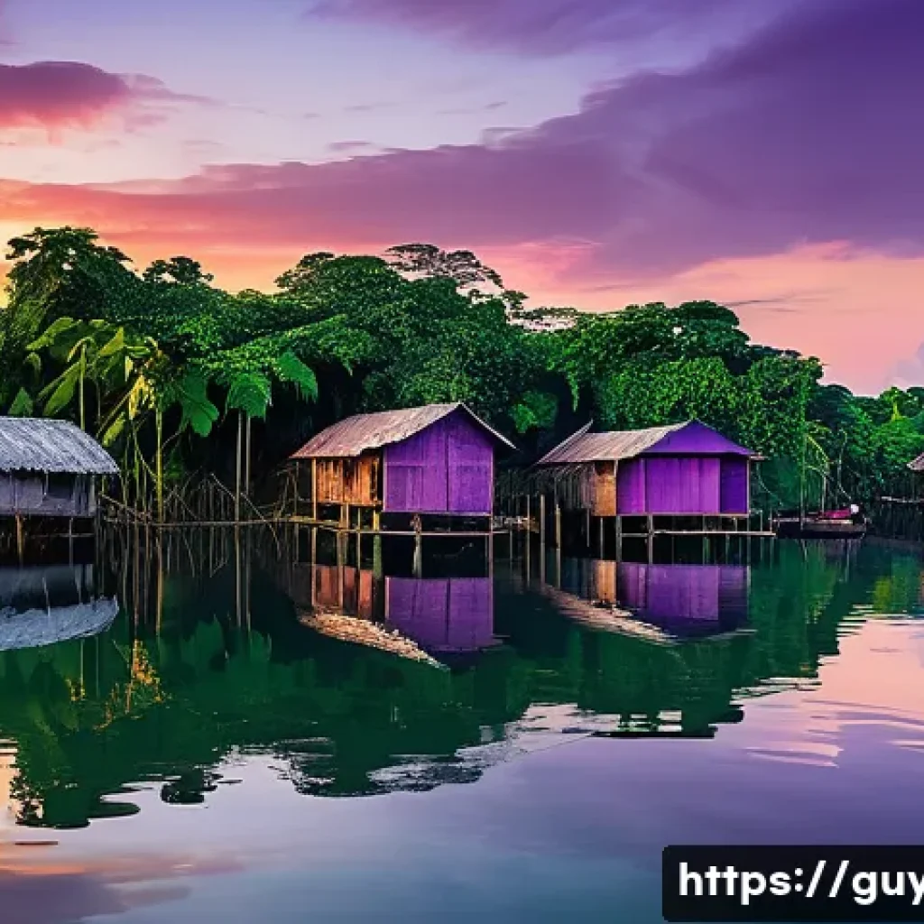 가이아나 수상 마을 - A breathtaking panoramic view of a dreamlike floating village in Guyana at sunset. Emerald green wat...