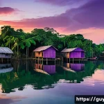가이아나 수상 마을 - A breathtaking panoramic view of a dreamlike floating village in Guyana at sunset. Emerald green wat...