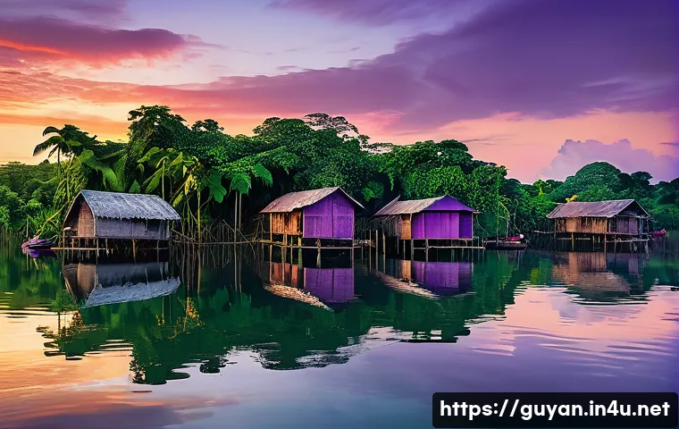 가이아나 수상 마을 - A breathtaking panoramic view of a dreamlike floating village in Guyana at sunset. Emerald green wat...